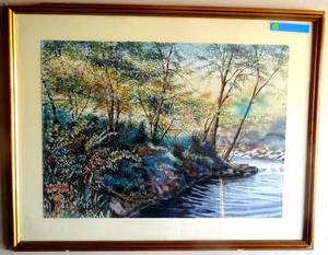 lot 6 image: Artist E James Hand Signed Watercolor under glass. Great color image shows very well