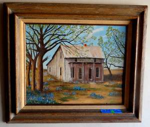 lot 9 image: Rustic Cabin - This beautiful oil has a warm change of season feel - measures 23 12 x 27 12