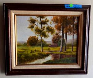 lot 10 image: Vintage 15 12 x 18 12 Wood Frame Art Print of Farm and Stream.