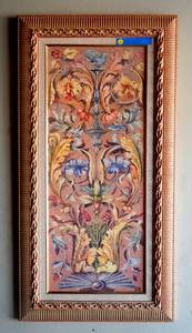 lot 18 image: Italian Influence Art Piece - very colorful in custom wood frame. Stamped on bottom as seen in pic 4