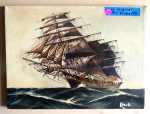 lot 30 image: Majestic Original Oil of a Wooden Sail Ship on Rough Seas - signed by Roberts