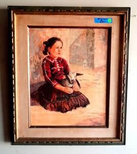 lot 36 image: WOW - Beautiful Oil of a young Mexican girl holding a goat. Signed - see pic 3