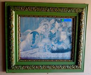 lot 38 image: Lovely Kitties - beautiful monotone print of kittens playing in exquisite green wooden frame