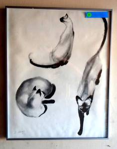 lot 55 image: Unique Charcoal of three cats - hand signed by S Haigh - in metal frame