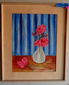lot 59 image: Simple Original Oil Painting of Flowers and Vase by Fan Walton - 1963