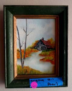 lot 60 image: Minature Original Oil signed by Pearl - Fall Cabin