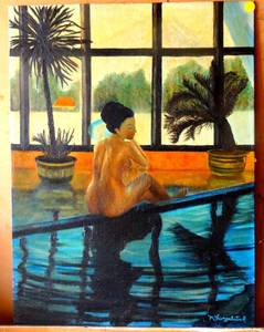 lot 65 image: Original Oil - Bathing nude woman. Signed M Thingelstal