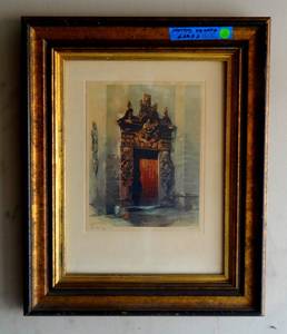 lot 69 image: Al Mettel Talio Chrome Litho Print The Old Doorway Tasco 12x16 print custom framed measuring 18 x 22