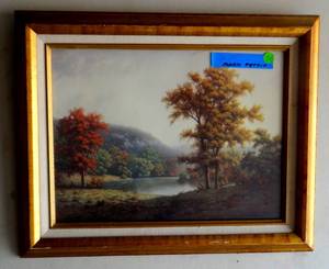 lot 70 image: Indian Summer by MARK PETTIT - Fall Lake Scene in custom gold finish wood frame