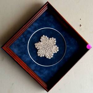 lot 75 image: Vintage Ornate Hand Crocheted Doiley w velour matte and wood frame