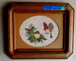 lot 83 image: Needlepoint - Small Birds in Holly Bush - nicely matted and framed 14 x 17