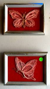 lot 85 image: Lot of Two - Hand made Nail and string art works of butterflies on red felt background