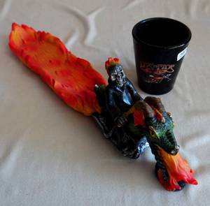lot 198 image: Biker on Dragon Incence Holder & Live To Ride Shotglass