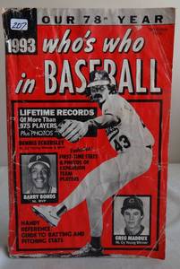 lot 207 image: WHOS WHO IN BASEBALL 1993 (Eckersley, Barry Bonds & Maddux on the cover)
