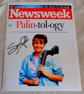 lot 232 image: AUTOGRAPHED - $$$ SARAH PALIN NEWSWEEK COVER REPRODUCTION PHOTO - AUTHENTICALLY HAND SIGNED BY SARAH