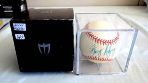 lot 247 image: AUTOGRAPHED - NY METS BENNY AGBAYANI Signed Official Rawlings Baseball in protective display case