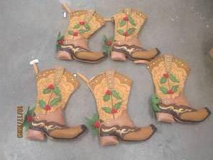 lot 848 image: TOTAL OF 5 ONE HUNDRED 80 DEGREES COWBOY STYLE CHRISTMAS STOCKINGS WITH HOLLY AND BRASS BUTTONS 18 TALL