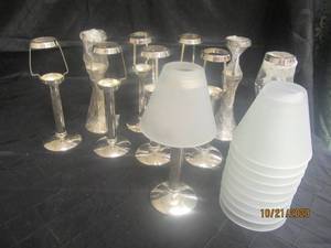 lot 867 image: TOTAL OF 10 SHERIDAN SILVER TEA LIGHT HOLDER WITH FROSTED SHADE&nbsp