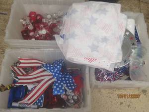 lot 880 image: GENEROUS AMOUNT OF PATRIOTIC DECOR&nbsp&nbspHATS,GARLAND ,CHARGER PLATES , TABLE CLOTH, RED &amp CLEAR TEA LIGHTS HOLDER , FLAGS DECOR MESH,HANDMADE STATUES AND MORE&nbsp( TOTES NOT INCLUDED )