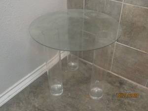 lot 919 image: GLASS SIDE TABLE MADE WITH 3 VASES AS LEGS&nbsp