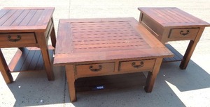 lot 1 image: Riverside Furniture Set of brown coffee tables- Consisits of  2 side tables 27x28x17  large center table 20.5 x 40x40
