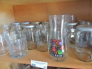 lot 37 image: Jack Daniel shot glass, di Anore shot glass. Minnie Mouse & moninger glass, 15 mason jars with handles, vintage jelly jars x 2