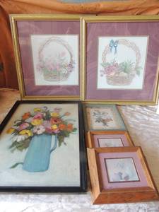 lot 40 image: Floral art 10x9 QTY 2,  8x10 floral art, 26x18 hand painted original art by Sandra 1979,   two 23x22 wicker basket art by Bertrant 3822900