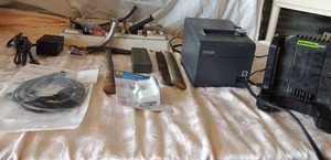 lot 49 image: Epson receipt printer,  BFT micro USB to HDM1 new,  wall top plug new,  green works pro charger,  files, knife sharpener,  chisel and much more