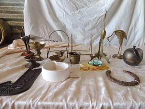 lot 61 image: Brass lot - Angel, Deer, 2 CRANES , Apple,   plate stands,  METAL Mermaid Arrow