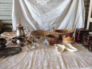 lot 62 image: Various wicker baskets 3 TINS, FB Rodgers silver co. 2305 Silver platter 9x6,  Silver tea pot, creamer & sugar , mini sifter hand crank and more