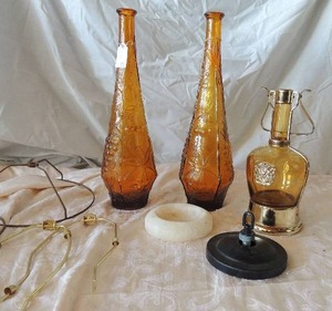 lot 69 image: 16 orange  glass vase  X2 and gold glass canister, LAMP HARPS and more