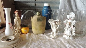 lot 76 image: Norco Japan porcelain boy with basket on head, Canteen,  2 GLASS pitchers,  blue thermous and more
