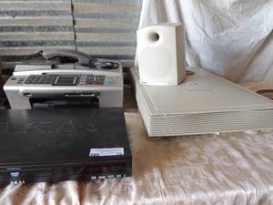 lot 75 image: Akai DVD player untested,  Boston computer speaker, brother printer and fax Hewlett Packard packer scan jet 4C