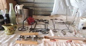 lot 77 image: Metal wall candle holders, apple sugar bowl, water pitcher, 3 vintage coca cola bottles, vintage glass cream bottle and more