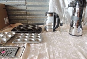 lot 78 image: Fiber ware 1.7L coffee pot, coffee craft, glass milk jug, assorted muffin pans and cheese grater