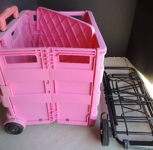 lot 97 image: Fold up metal Luggage Cart on Wheels and pink foldup grocery cart