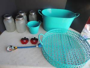 lot 112 image: 4 homemade mason jar solo lights, car AC hose, green metal handle wicker basket and 2 other metal handle baskets