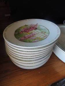 lot 83 image: wild flower meadow dishes by MacLean bastir 11 six inch saucers in floral design 2 large soupsalad bowls 2 oval platters corning wear 4LT covered casserole and 2.8 LT covered casserole
