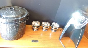 lot 86 image: Black speckled covered pasta pan,   6 silver goblets, 1 coffee single cup coffee maker