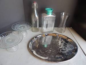 lot 105 image: 12x8 Silver Platter    2 six inch glass cake stands glass.  covered tea pitcher and glass vase