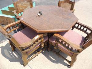 lot 27 image: Dining table HEXAGON SHAPE  with 4 rolling chairs 27x41 ( ONE NEEDS REPAIRS