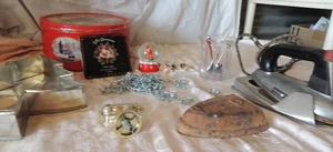 lot 46 image: Fostoria antique iron and iron block, christmas tree mold, Christmas cookie tin and more