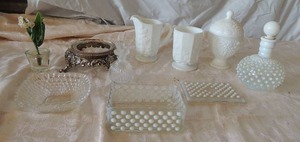 lot 67 image: 3 pieces of Milk Glass  PITCHER, VASE,COVERED CANDY DISH ,  HOB NOB  COVERED TRINKET BOX &  PERFUME BOTTLE,  plus more