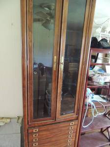 lot 22 image: Oriental style Curio Cabinet Glass Door with 4 glass shelves, 3 drawers 84 H x 29 W x 16 D