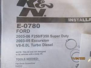 lot 260 image: K&N E-0780 INTAKE KIT FORD 03-06 F250350 SUPER DUTY AND 03-05 EXCURSION V8 6.0L TURBO DIESEL
