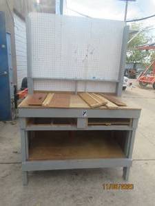 lot 191 image: WORK BENCH WITH PEG BOARD 2 DRAWERS (DRAWERS NEED REPAIR)