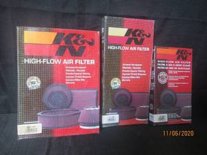 lot 312 image: 3 K&N HIGH FLOW AIR FILTERS 33-2063-1, 33-2058, AND 33-2088 ALL NEW IN BOX