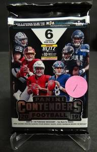 lot 1 image: 2019 CONTENDERS FOOTBALL SEALED HOBBY PACK. 5 AUTOS PER BOX ($20 COMPS)
