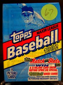 lot 67 image: 1992 Topps Baseball Unopened Wax Pack 15 Cards -  CHIPPER JONES