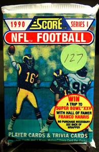 lot 127 image: 1990 Score Football Series 1 Sealed Wax Packs - 16 Cards per Pack MARINOELWAY
